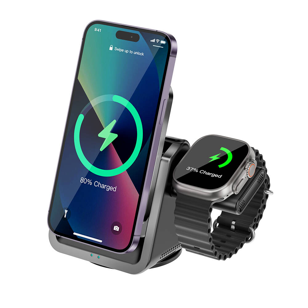 WIWU%203in1%20Kablosuz%20Şarj%20Standı%20Wiwu%20Wi-W018%20Coolpad%20Serisi%20AirPods,%20Telefon%20ve%20Akıllı%20Saat%20İçin%2015W%20Siyah